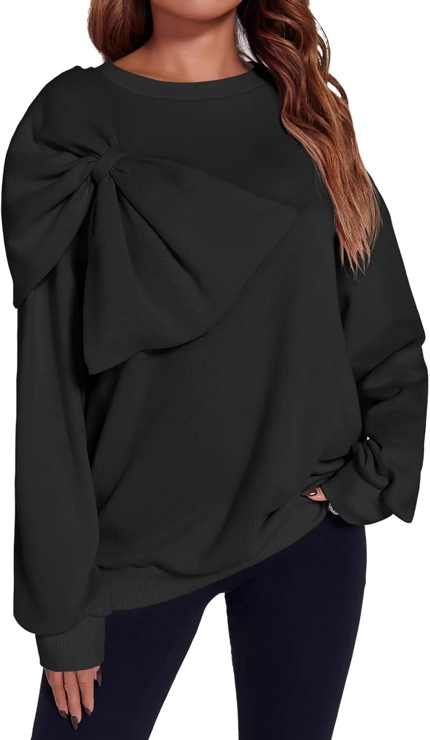 Fisoew Womens Oversized Sweatshirt Bow Tie Long Sleeve Crewneck Casual Fall Pullover Tops
