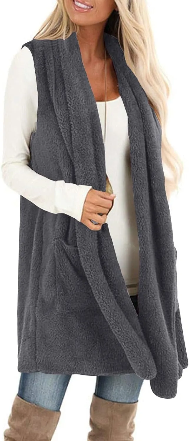 Fleece Vest Women Sherpa Vest Sweater Vests Open Front Cardigan Fuzzy Jacket Winter Sleeveless Jackets with Pockets