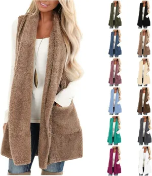 Fleece Vest Women Sherpa Vest Sweater Vests Open Front Cardigan Fuzzy Jacket Winter Sleeveless Jackets with Pockets