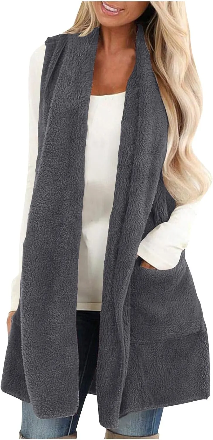 Fleece Vest Women Sherpa Vest Sweater Vests Open Front Cardigan Fuzzy Jacket Winter Sleeveless Jackets with Pockets