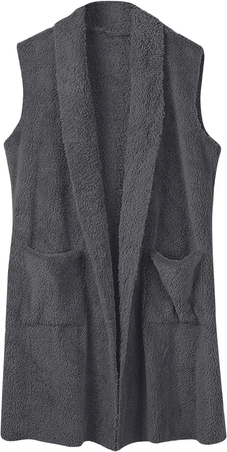 Fleece Vest Women Sherpa Vest Sweater Vests Open Front Cardigan Fuzzy Jacket Winter Sleeveless Jackets with Pockets