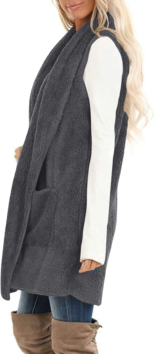 Fleece Vest Women Sherpa Vest Sweater Vests Open Front Cardigan Fuzzy Jacket Winter Sleeveless Jackets with Pockets