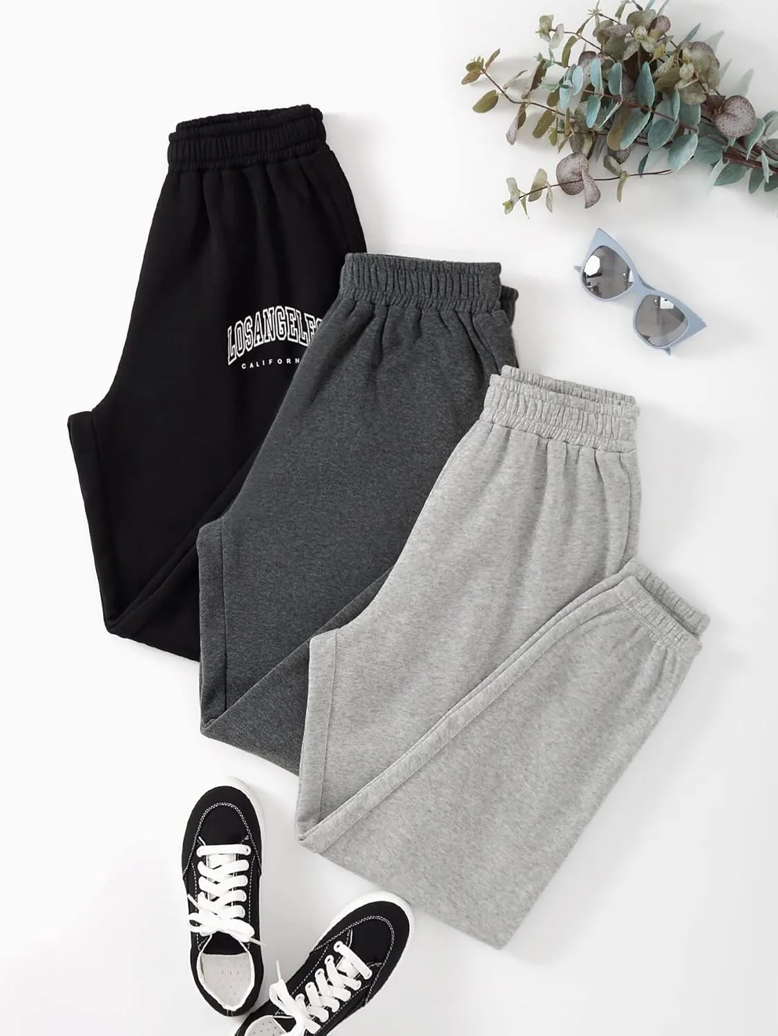 Floerns Women's 3 Piece Graphic Print Drawstring Waist Jogger Sweatpants