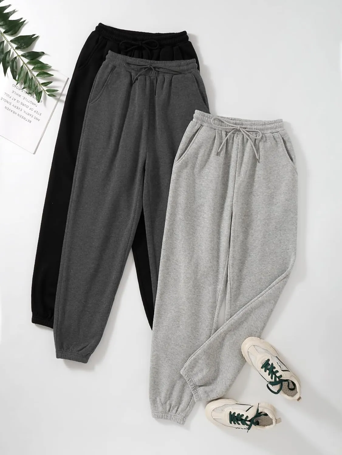 Floerns Women's 3 Piece Solid Drawstring Waist Slant Pocket Jogger Sweatpants