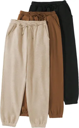 Floerns Women's 3 Piece Solid Drawstring Waist Slant Pocket Jogger Sweatpants