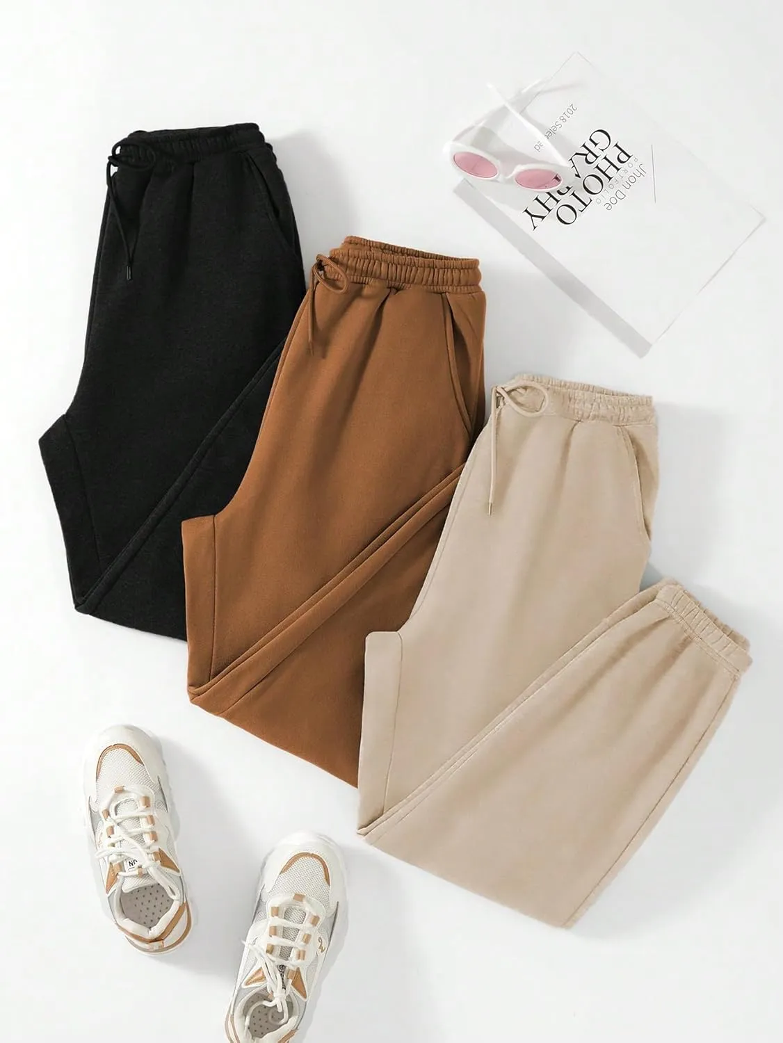 Floerns Women's 3 Piece Solid Drawstring Waist Slant Pocket Jogger Sweatpants