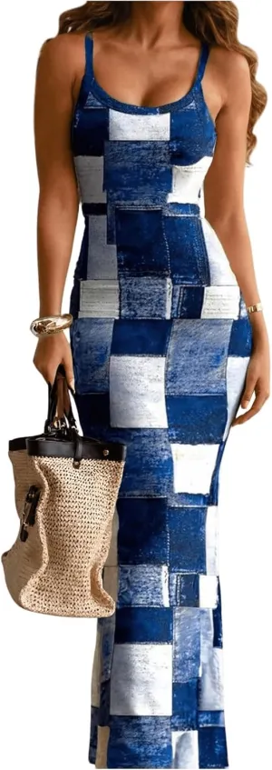 Floerns Women's Patchwork Scoop Neck Cami Dress Sleeveless Maxi Bodycon Dresses