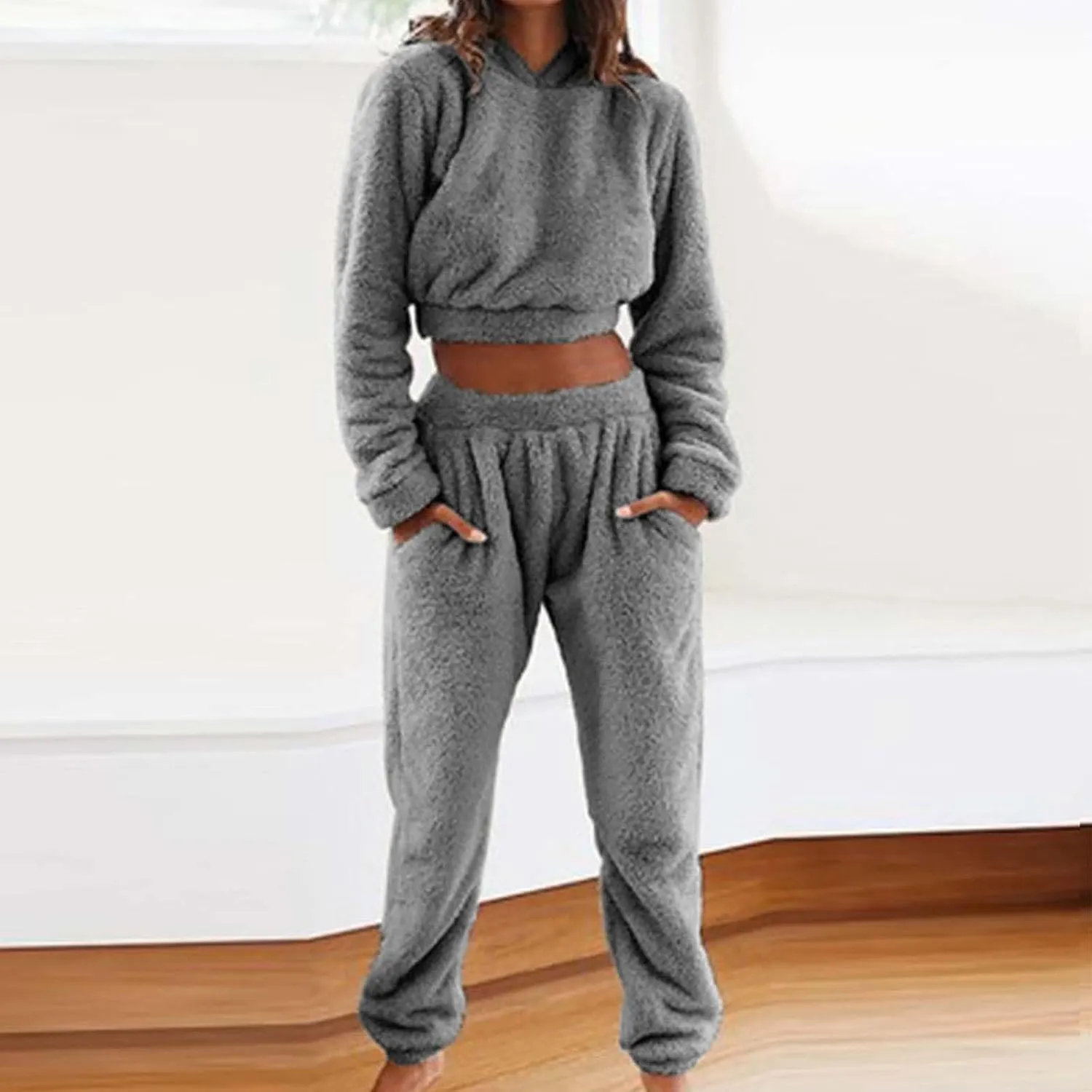 Fluffy Pajamas for Women Set Winter Flannel Lounge Set Sweatsuit 2 Piece Soft Pjs Fleece Crop Top and Pants Sleepwear