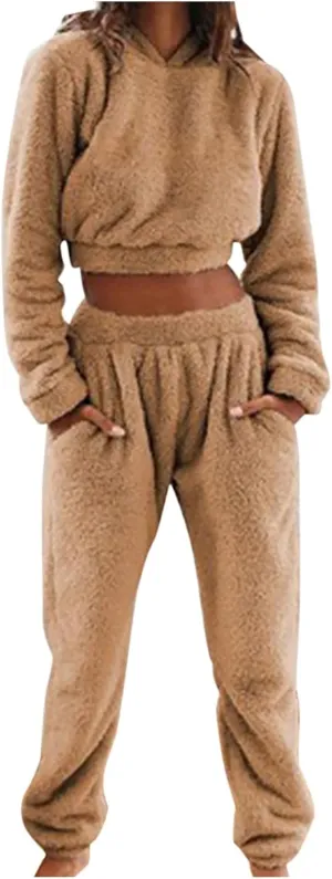 Fluffy Pajamas for Women Set Winter Flannel Lounge Set Sweatsuit 2 Piece Soft Pjs Fleece Crop Top and Pants Sleepwear