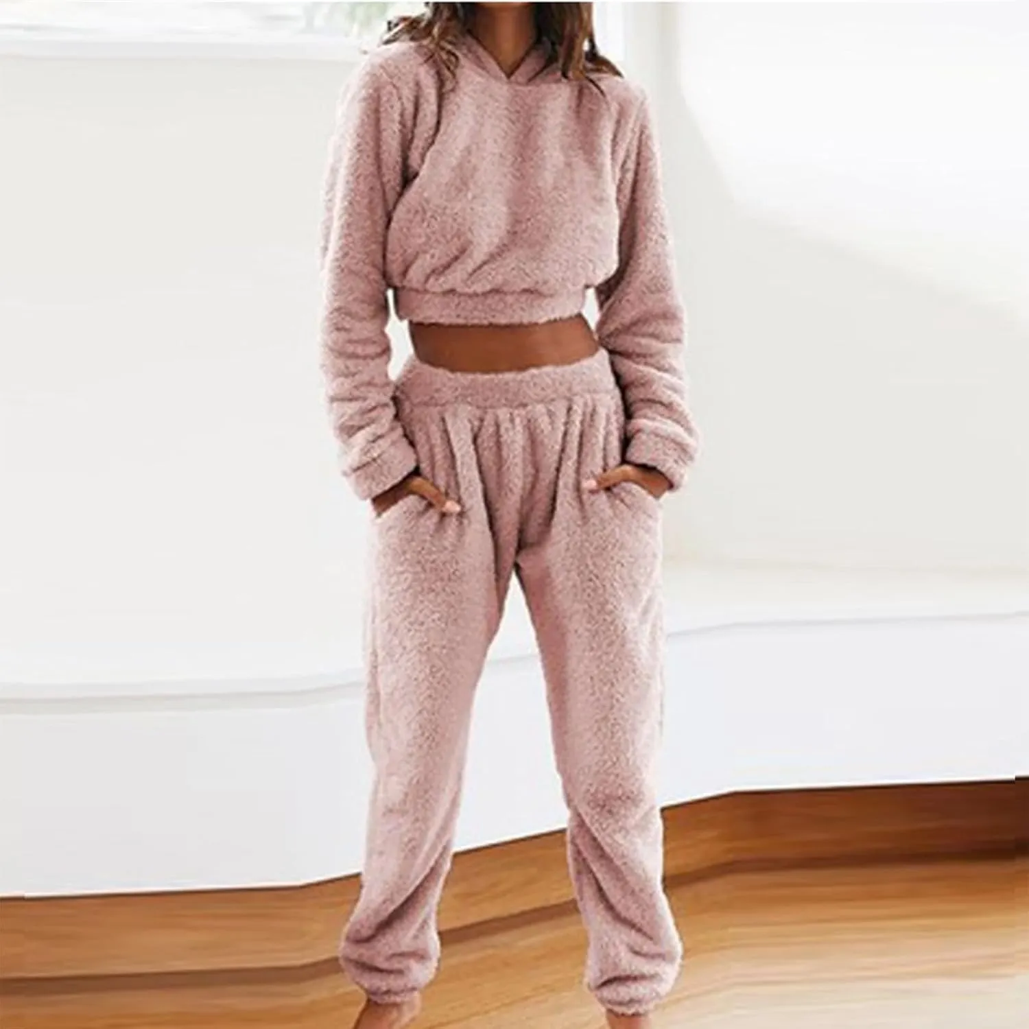Fluffy Pajamas for Women Set Winter Flannel Lounge Set Sweatsuit 2 Piece Soft Pjs Fleece Crop Top and Pants Sleepwear