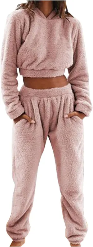 Fluffy Pajamas for Women Set Winter Flannel Lounge Set Sweatsuit 2 Piece Soft Pjs Fleece Crop Top and Pants Sleepwear