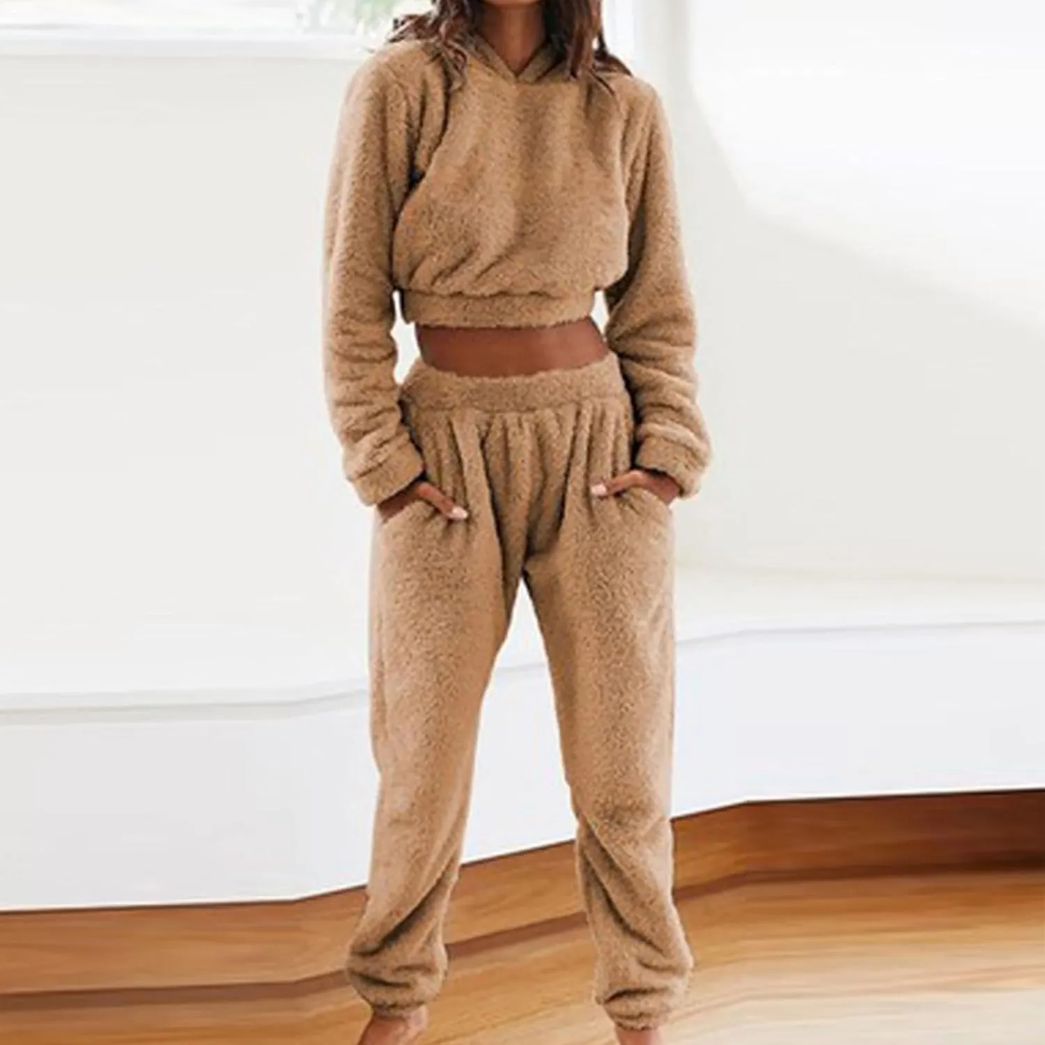 Fluffy Pajamas for Women Set Winter Flannel Lounge Set Sweatsuit 2 Piece Soft Pjs Fleece Crop Top and Pants Sleepwear