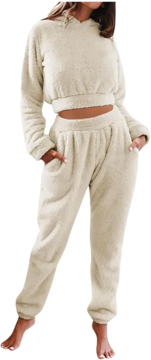 Fluffy Pajamas for Women Set Winter Flannel Lounge Set Sweatsuit 2 Piece Soft Pjs Fleece Crop Top and Pants Sleepwear