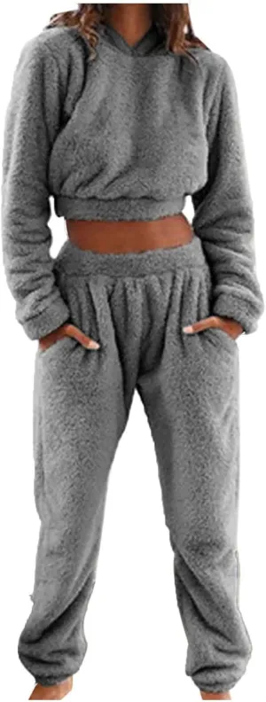 Fluffy Pajamas for Women Set Winter Flannel Lounge Set Sweatsuit 2 Piece Soft Pjs Fleece Crop Top and Pants Sleepwear