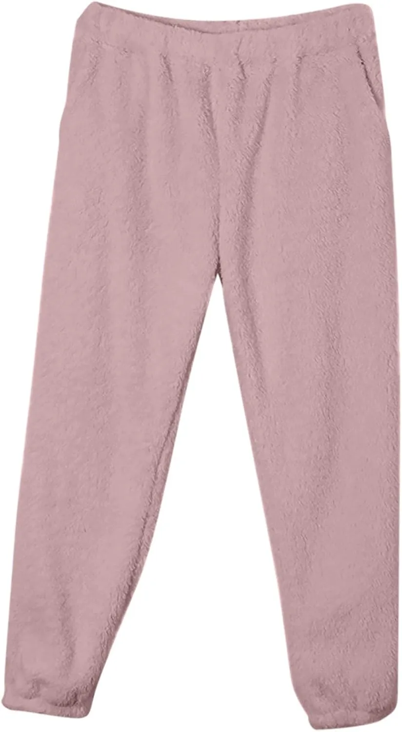 Fluffy Pajamas for Women Set Winter Flannel Lounge Set Sweatsuit 2 Piece Soft Pjs Fleece Crop Top and Pants Sleepwear