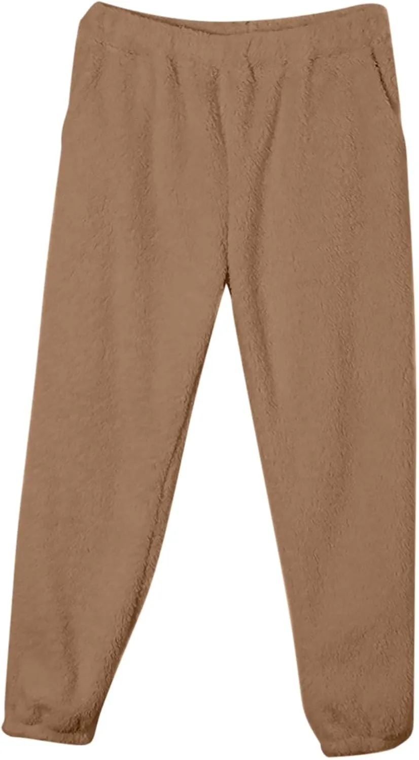 Fluffy Pajamas for Women Set Winter Flannel Lounge Set Sweatsuit 2 Piece Soft Pjs Fleece Crop Top and Pants Sleepwear