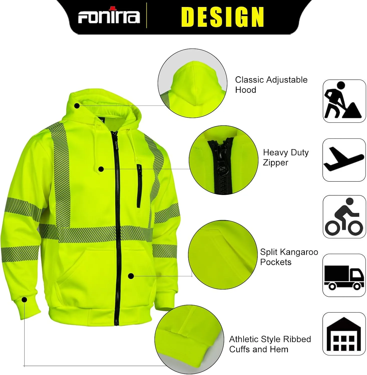 FONIRRA High Visibility Safety Work Hoodie for men Construction Hi Vis Reflective Fleece Sweatshirt with Zipper ANSI Class 3