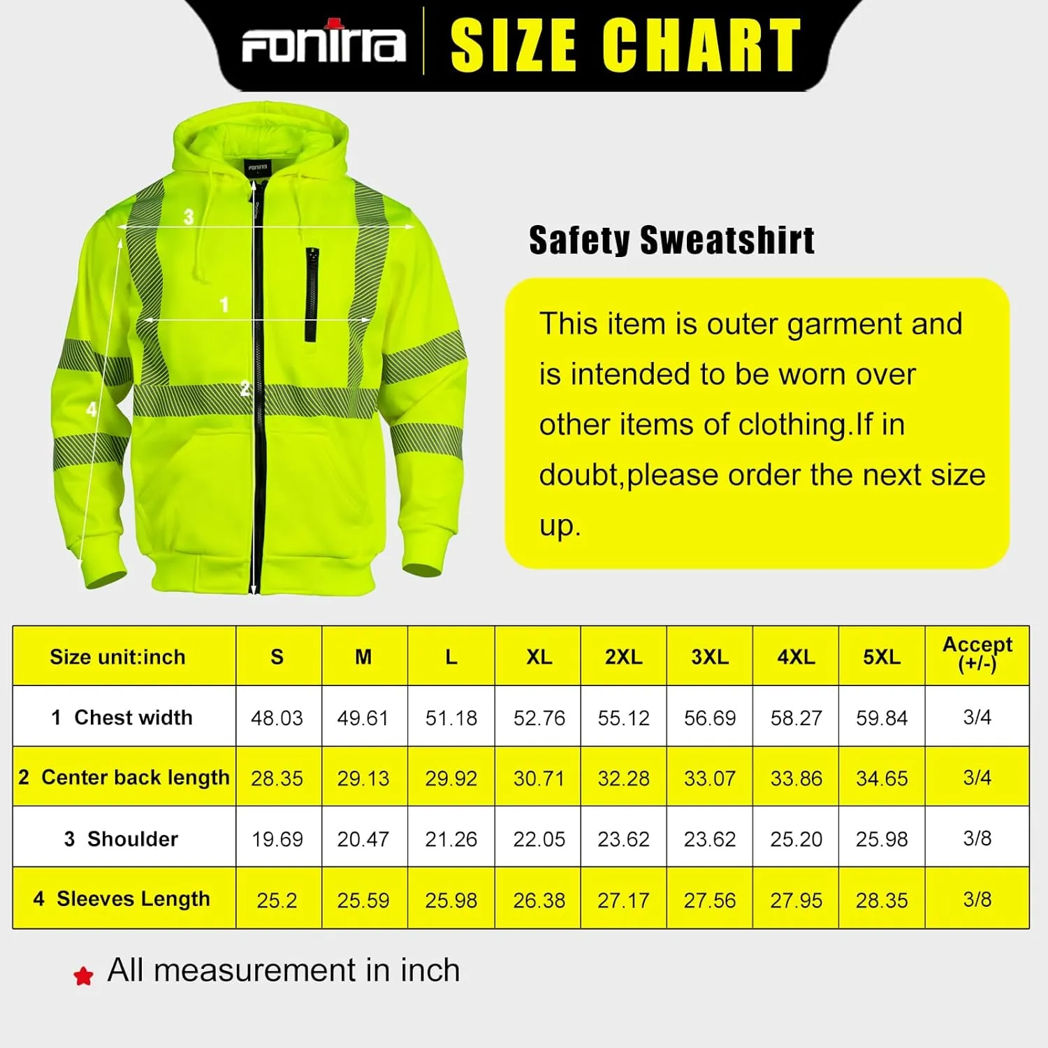 FONIRRA High Visibility Safety Work Hoodie for men Construction Hi Vis Reflective Fleece Sweatshirt with Zipper ANSI Class 3