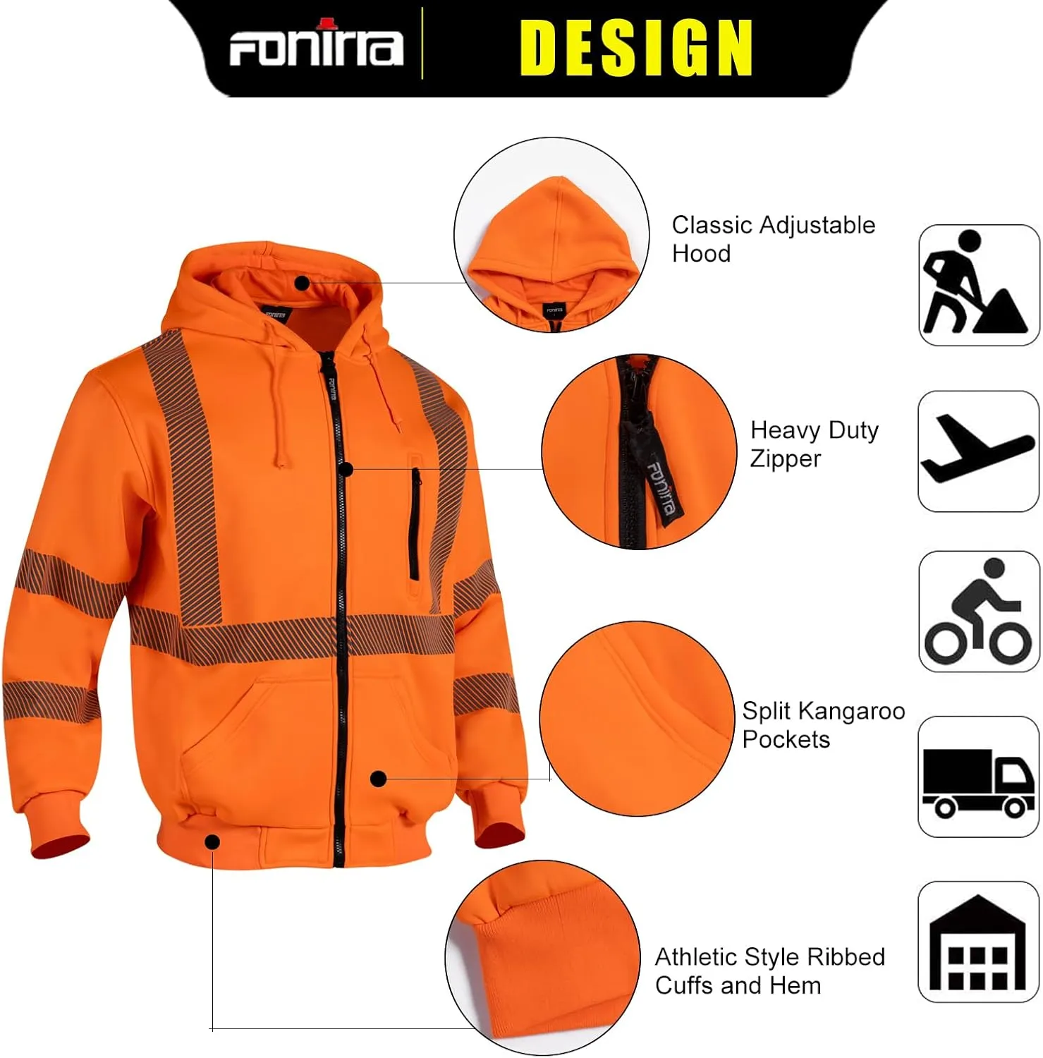 FONIRRA High Visibility Safety Work Hoodie for men Construction Hi Vis Reflective Fleece Sweatshirt with Zipper ANSI Class 3