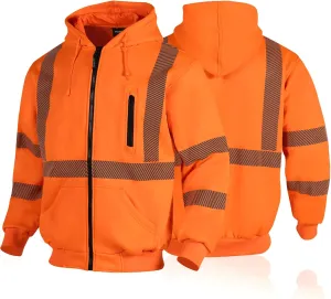 FONIRRA High Visibility Safety Work Hoodie for men Construction Hi Vis Reflective Fleece Sweatshirt with Zipper ANSI Class 3