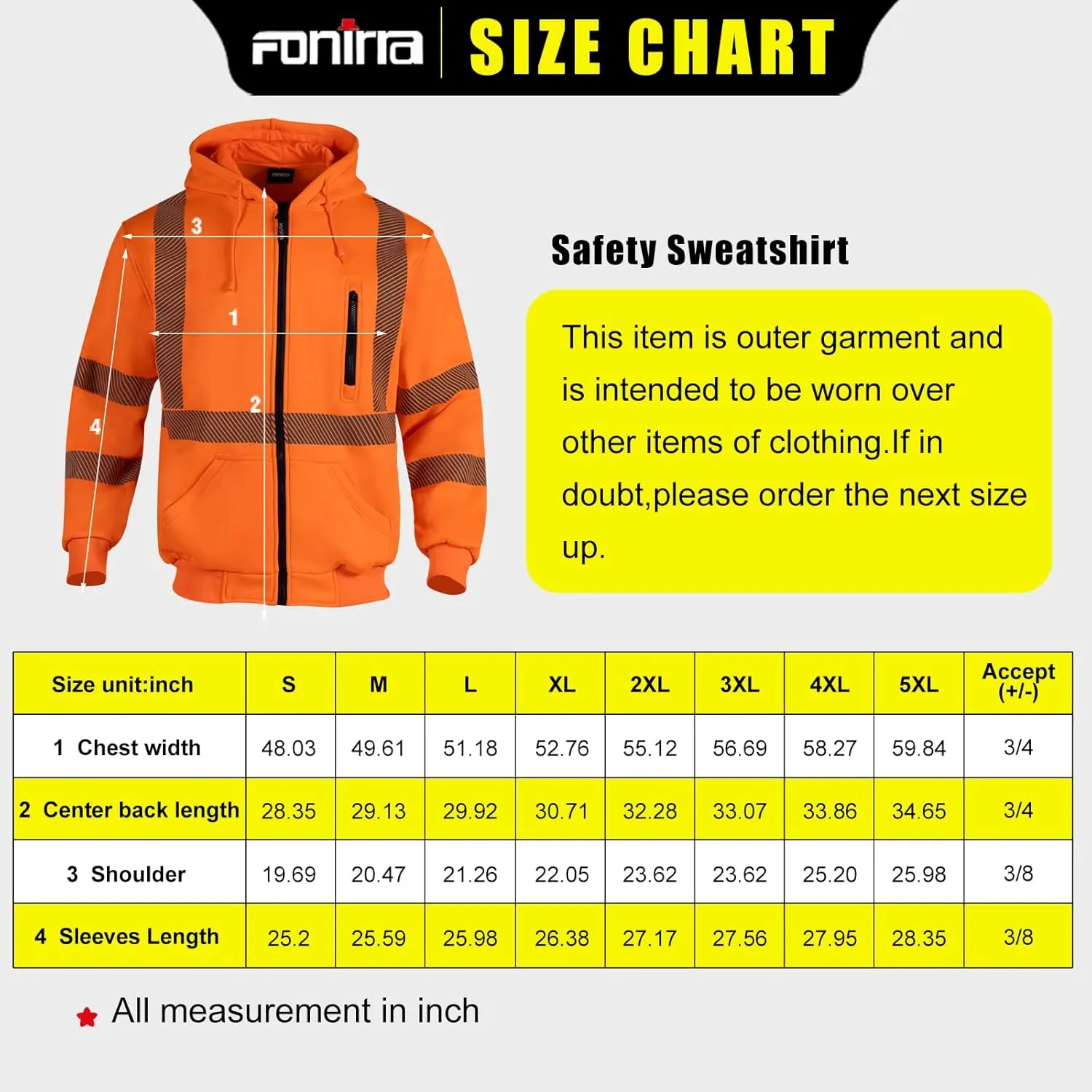 FONIRRA High Visibility Safety Work Hoodie for men Construction Hi Vis Reflective Fleece Sweatshirt with Zipper ANSI Class 3