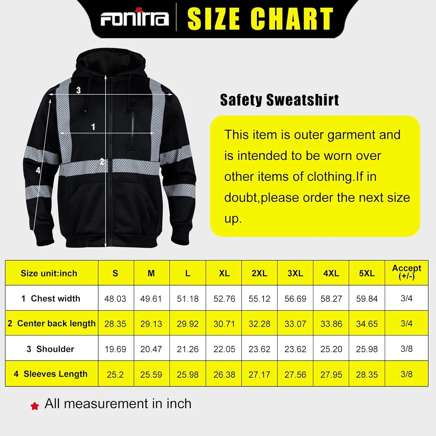 FONIRRA High Visibility Safety Work Hoodie for men Construction Hi Vis Reflective Fleece Sweatshirt with Zipper ANSI Class 3
