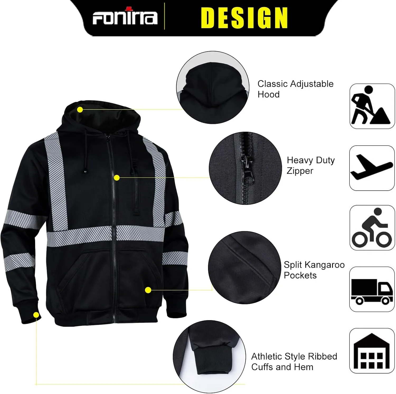 FONIRRA High Visibility Safety Work Hoodie for men Construction Hi Vis Reflective Fleece Sweatshirt with Zipper ANSI Class 3