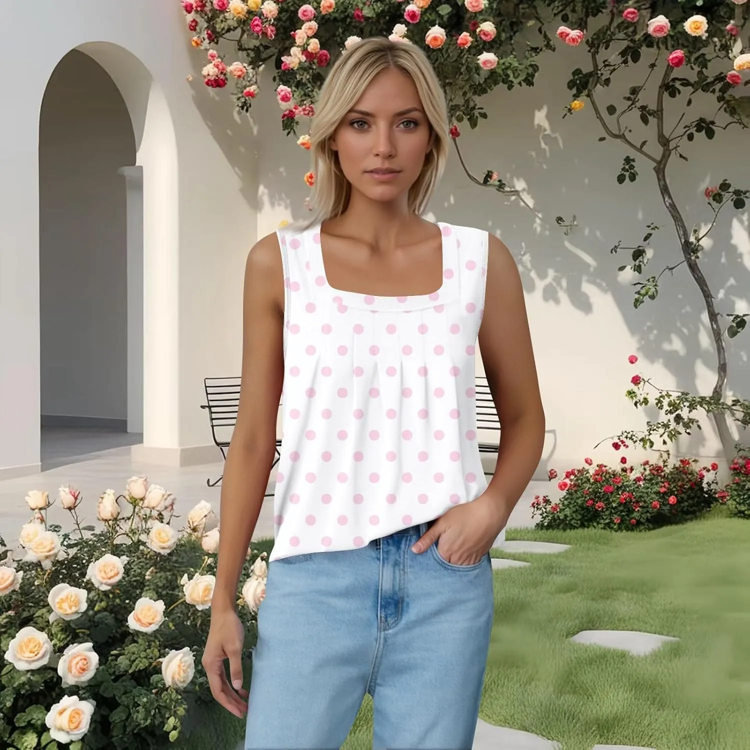 FQZWONG Tank Top for Women 2025 Summer Ruffled Square Neck Vest Shirts Loose Casual Ladies Solid Sleeveless Blouses