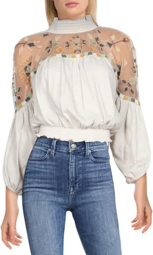 Free People Womens Ruffled Boho Peasant Top White XS