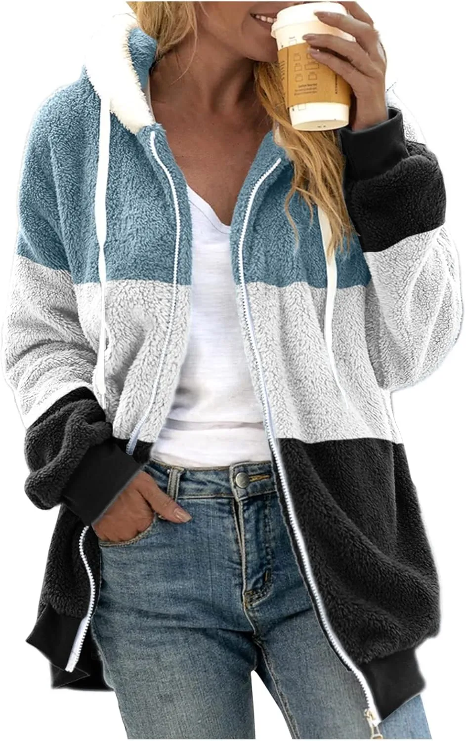 Fuzzy Fleece Jacket Women Plus Size Warm Winter Coats Fluffy Sherpa Hoodie Zip up Casual Cardigan Sweater Outerwear