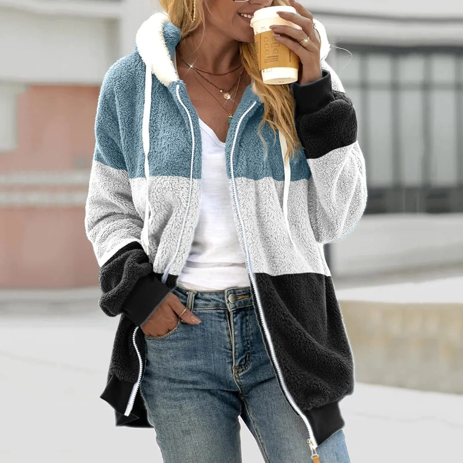 Fuzzy Fleece Jacket Women Plus Size Warm Winter Coats Fluffy Sherpa Hoodie Zip up Casual Cardigan Sweater Outerwear