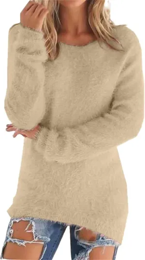 Fuzzy Sweater for Women Fashionable Long Sleeve Pullovers Loose Fluffy Crewneck Sweatshirts Cute Winter Warm Fuzzy