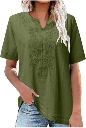 Generic 2024 Embroidered Blouses Womens Mexican Shirts Dressy Casual Short Sleeve Tunic Tops Summer Boho Cotton Linen T-Shirt