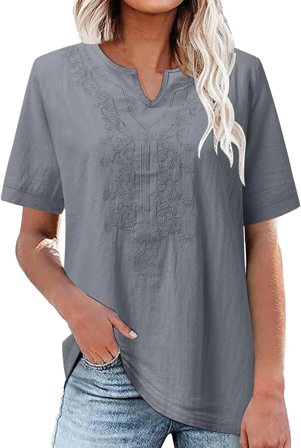 Generic 2024 Embroidered Blouses Womens Mexican Shirts Dressy Casual Short Sleeve Tunic Tops Summer Boho Cotton Linen T-Shirt