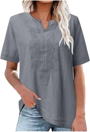 Generic 2024 Embroidered Blouses Womens Mexican Shirts Dressy Casual Short Sleeve Tunic Tops Summer Boho Cotton Linen T-Shirt