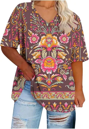 Generic 2024 Oversized T Shirts Women's Plus Size Tees Casual Half Sleeve V Neck Shirt Summer Loose Comfy Basic Tunic Tops