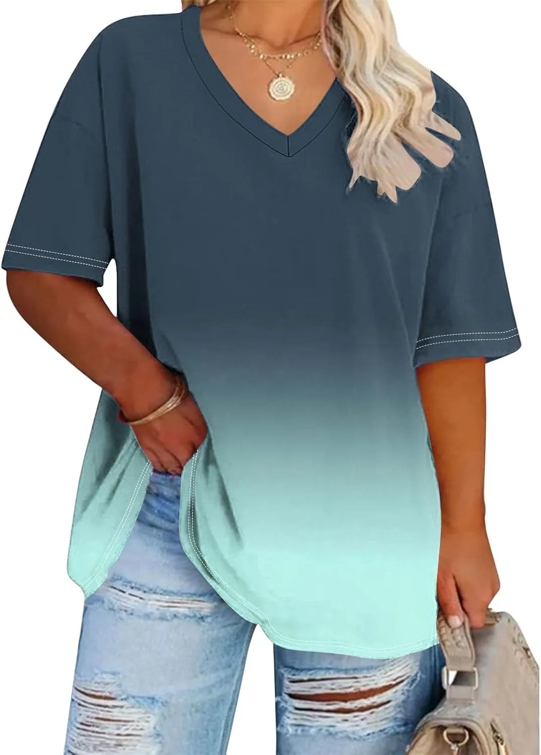 Generic 2024 Oversized T Shirts Women's Plus Size Tees Casual Half Sleeve V Neck Shirt Summer Loose Comfy Basic Tunic Tops