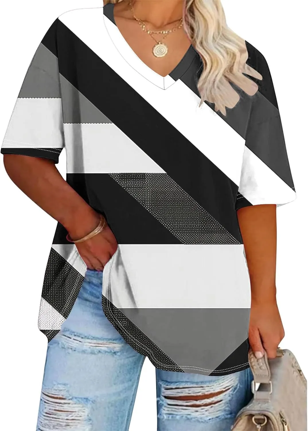 Generic 2024 Oversized T Shirts Women's Plus Size Tees Casual Half Sleeve V Neck Shirt Summer Loose Comfy Basic Tunic Tops