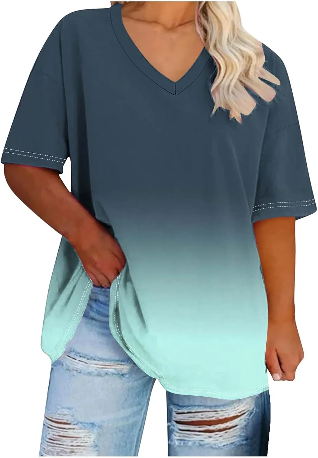 Generic 2024 Oversized T Shirts Women's Plus Size Tees Casual Half Sleeve V Neck Shirt Summer Loose Comfy Basic Tunic Tops