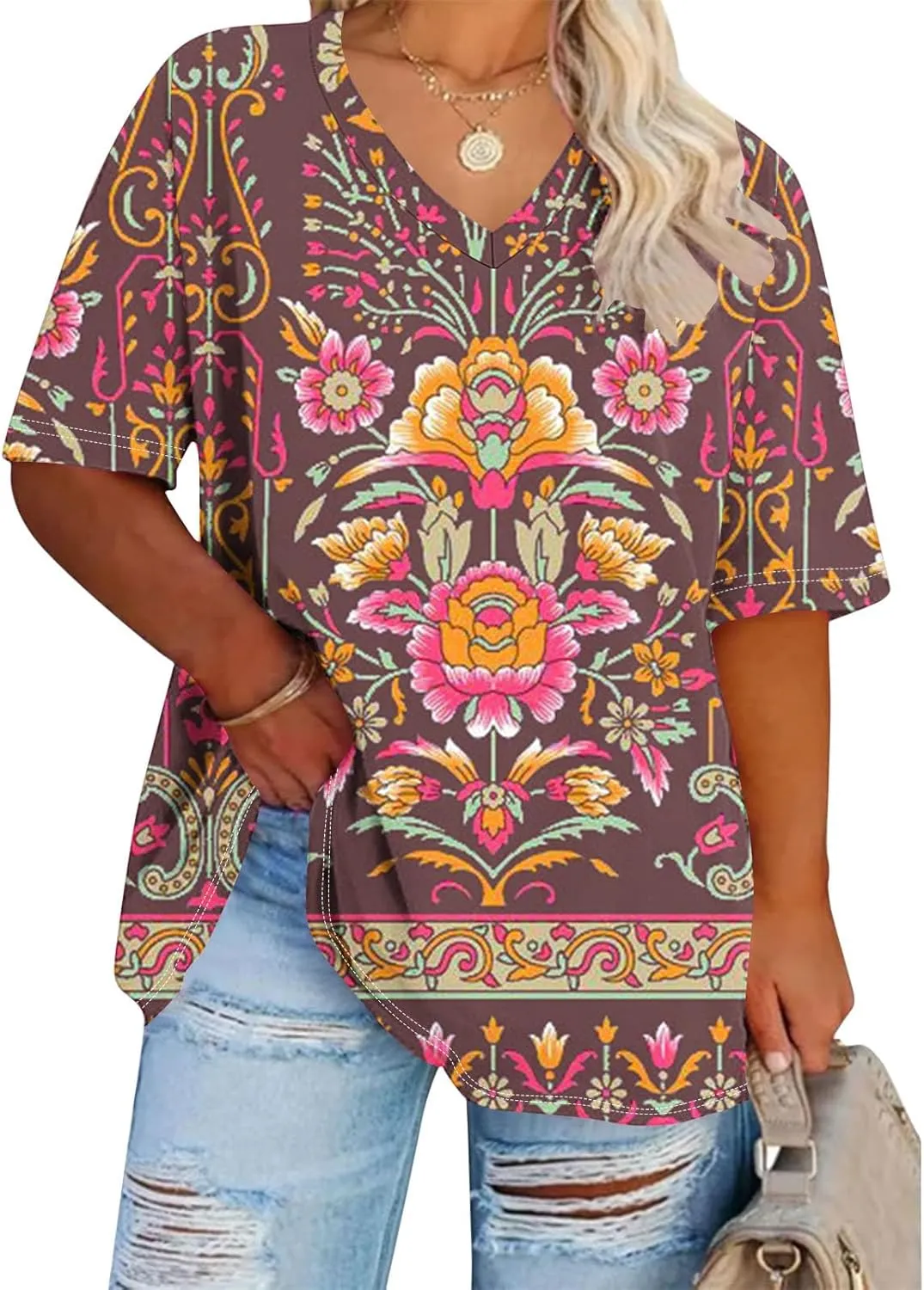 Generic 2024 Oversized T Shirts Women's Plus Size Tees Casual Half Sleeve V Neck Shirt Summer Loose Comfy Basic Tunic Tops