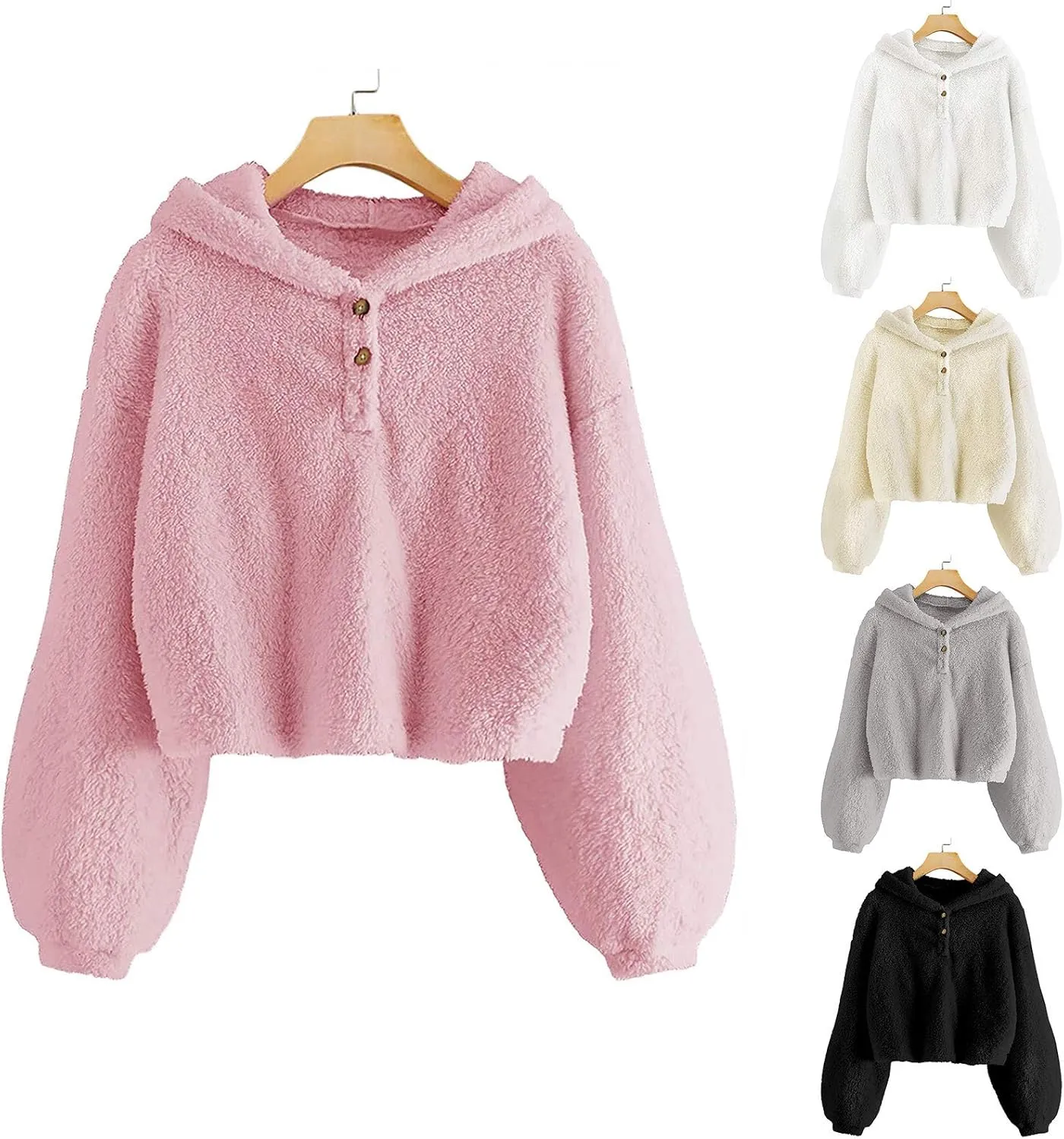 Girl's Fuzzy Hoodies Long Sleeve Warm Loose Button Pullover Oversized Sherpa Jacket Coat Crop Tops Winter Clothes