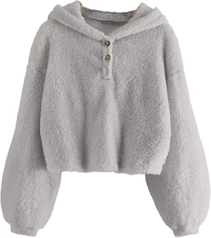 Girl's Fuzzy Hoodies Long Sleeve Warm Loose Button Pullover Oversized Sherpa Jacket Coat Crop Tops Winter Clothes