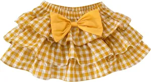 Girls Pull-on Tiered Elastic Waistband Skirt 3 Layered Plaid Tutu Skirts with Bow Pleated Smocked A-Line Skirts