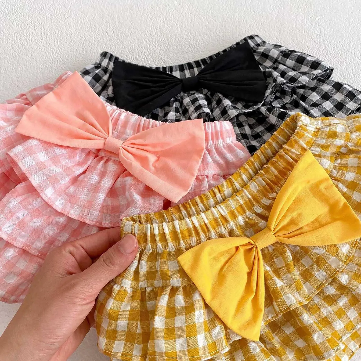 Girls Pull-on Tiered Elastic Waistband Skirt 3 Layered Plaid Tutu Skirts with Bow Pleated Smocked A-Line Skirts