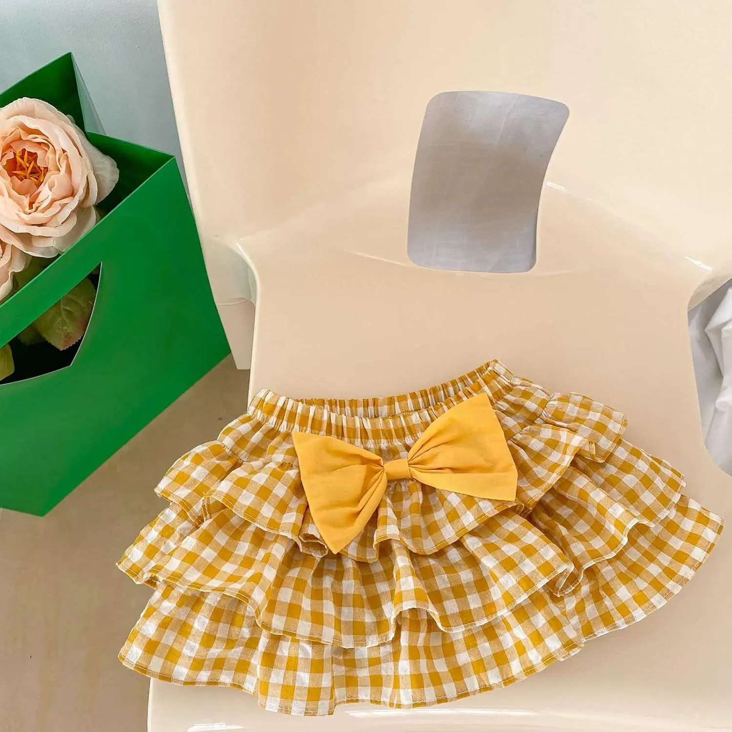Girls Pull-on Tiered Elastic Waistband Skirt 3 Layered Plaid Tutu Skirts with Bow Pleated Smocked A-Line Skirts