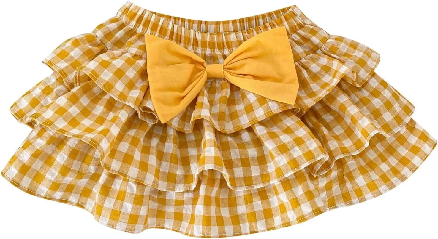 Girls Pull-on Tiered Elastic Waistband Skirt 3 Layered Plaid Tutu Skirts with Bow Pleated Smocked A-Line Skirts