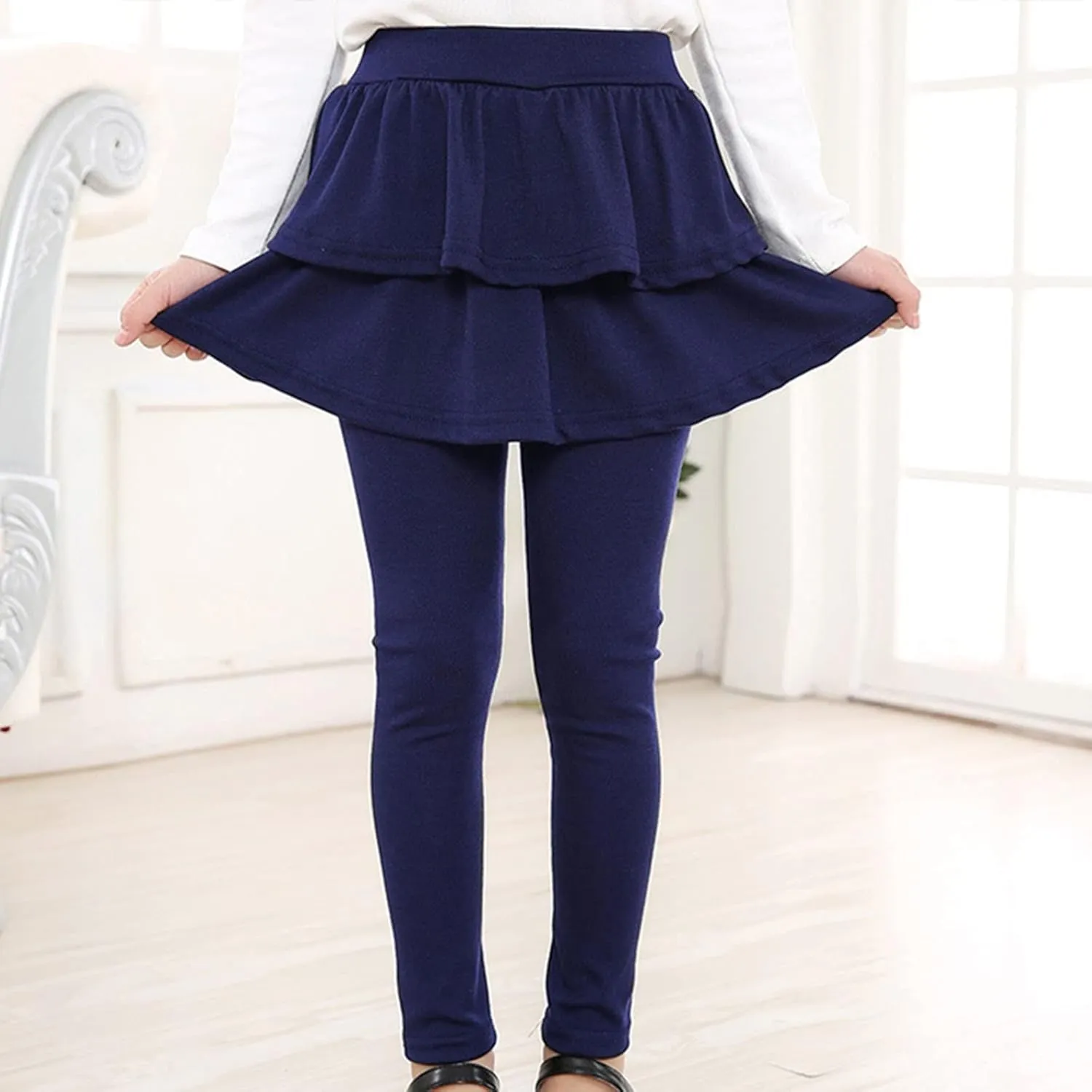 Girls School Unifom Pants Leggings with Skirt Slim Athletic Pants Layered Tiered Pleated Smocked A-Line Skirts