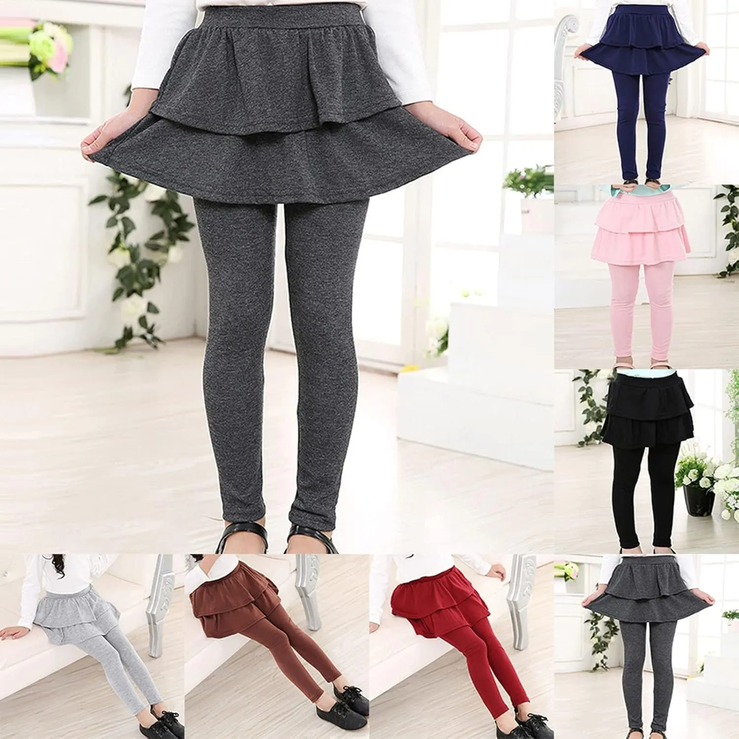Girls School Unifom Pants Leggings with Skirt Slim Athletic Pants Layered Tiered Pleated Smocked A-Line Skirts