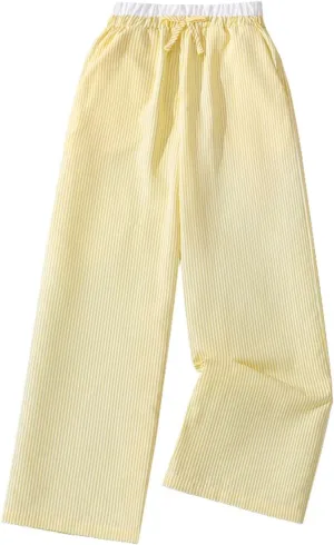 Girls Wide Leg Pants Linen with Pockets Flowy High Waisted Loose Trousers Casual for Kids 6-12Y