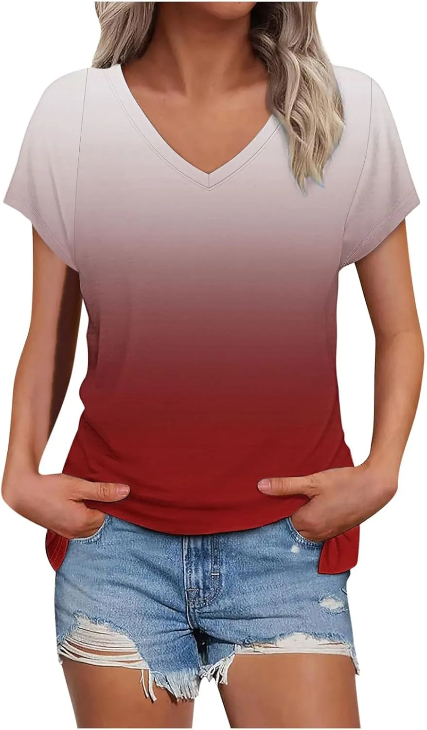 Gradient Shirts Oversized Tshirts for Women V Neck Short Sleeve Summer Tops 2025 Casual Loose Fit Cute Tees Clothes